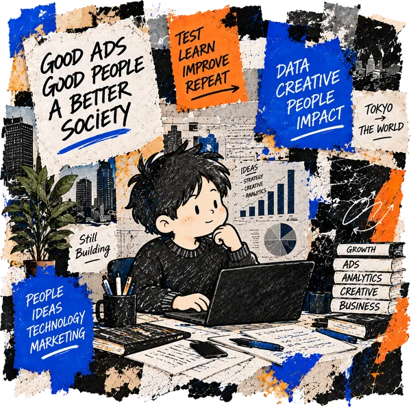 紙を貼り合わせた背景の前で、机のノートパソコンに向かって考えている人物のイラスト。まわりに手書きのメモ